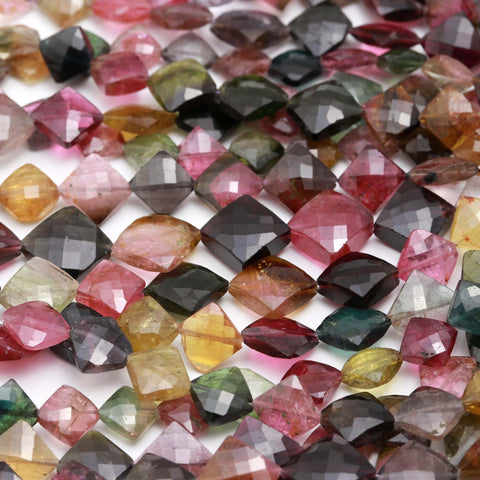Multi Tourmaline Multi Color Square Faceted Natural Beads 8 Inches Strands