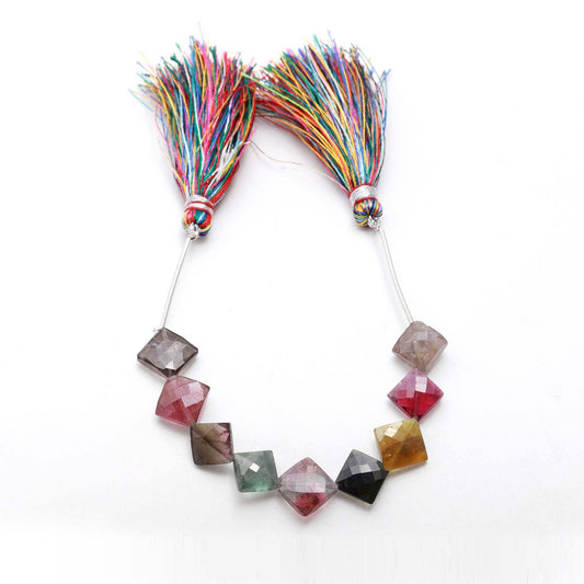 Multi Tourmaline Multi Color Square Faceted Natural Beads 8 Inches Strands