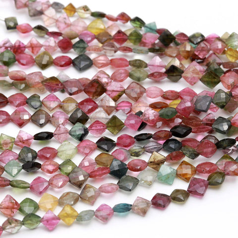 Multi Tourmaline Multi Color Square Faceted Natural Beads 8 Inches Strands