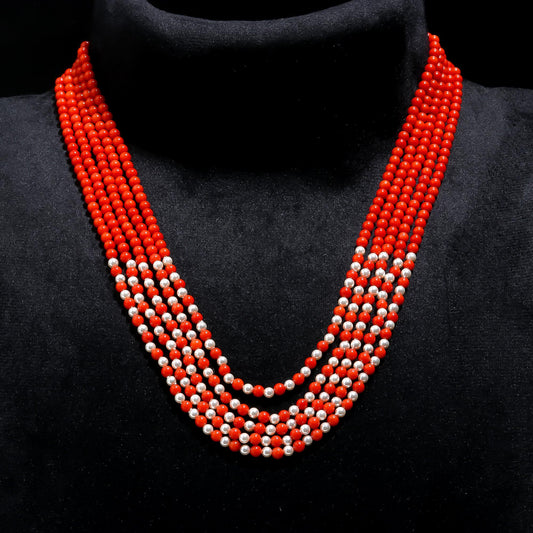 Coral and Pearl Round Smooth Natural Beads Necklace 22 Inches Strands