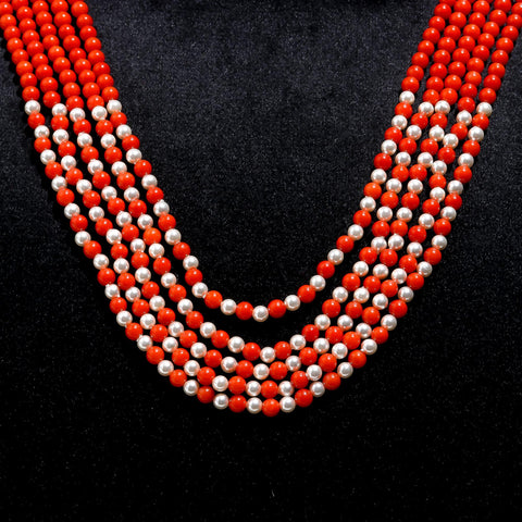 Coral and Pearl Round Smooth Natural Beads Necklace 22 Inches Strands
