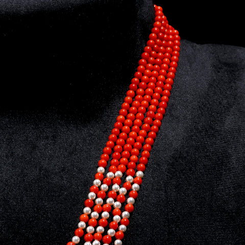 Coral and Pearl Round Smooth Natural Beads Necklace 22 Inches Strands