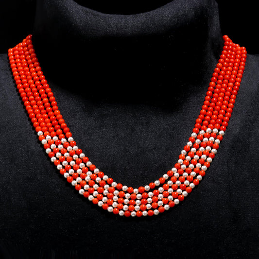Coral and Pearl Round Smooth Natural Beads Necklace 22 Inches Strand