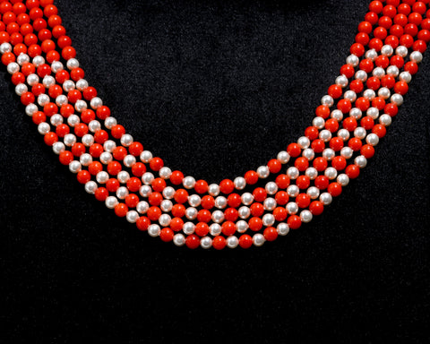 Coral and Pearl Round Smooth Natural Beads Necklace 22 Inches Strand