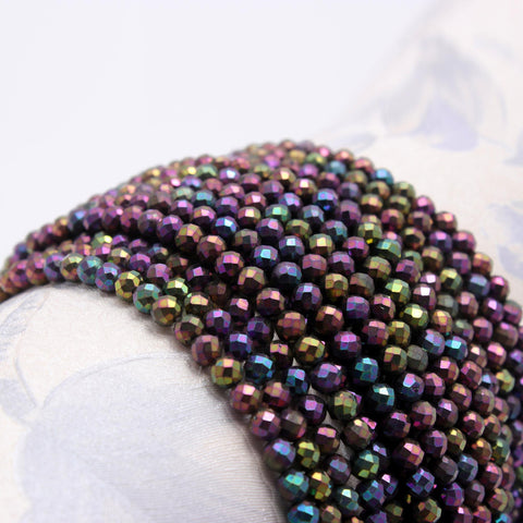 Purple Rainbow Coated Black Spinel Rondelle Faceted Beads 12 Inches Strands