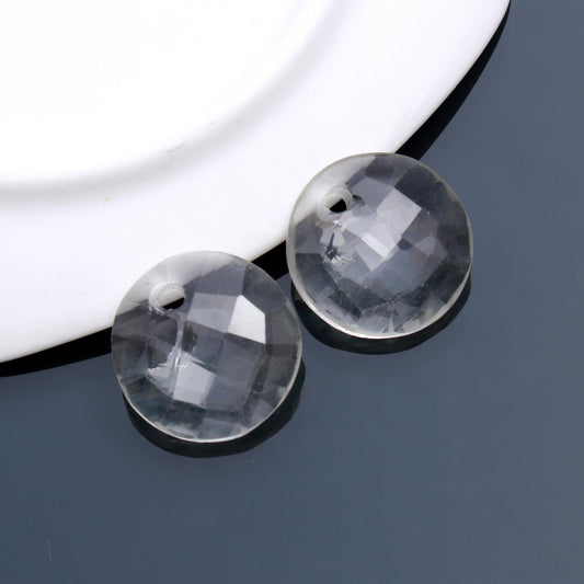 Crystal Quartz White Coin Faceted Natural Beads 18 MM Stone Pair Of 2