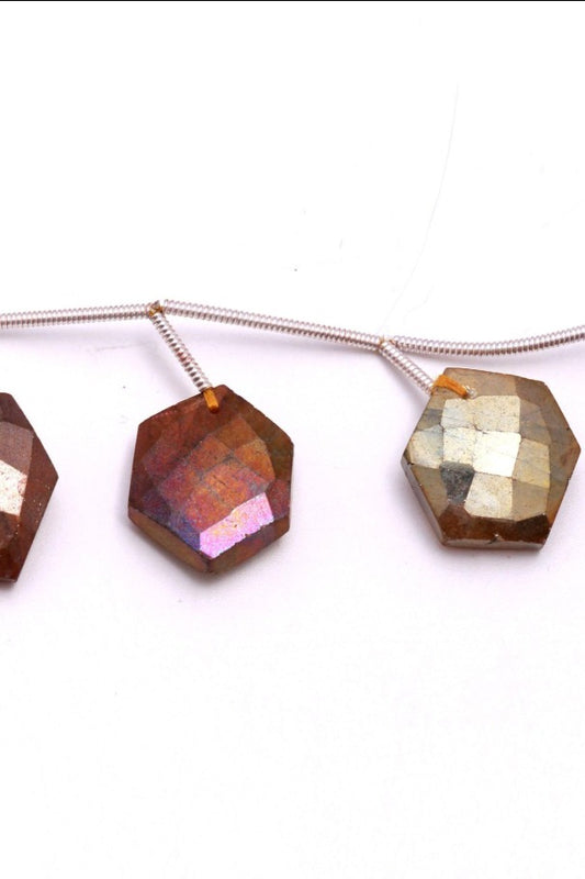Golden Heat Treated Labradorite Hexagon Surface Drill Faceted Natural Beads