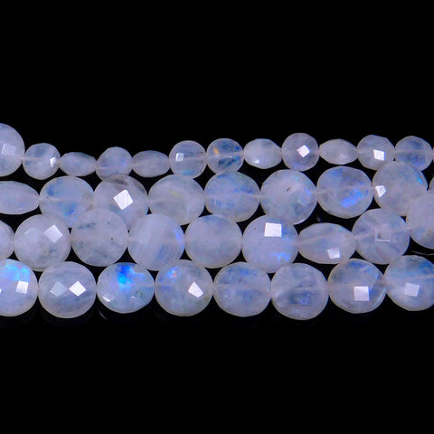 Rainbow Moonstone White Coin Faceted Natural Beads 8 Inches Strands