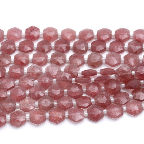 Pink Strawberry Quartz Pink Hexagon Faceted Natural Beads 8 Inches