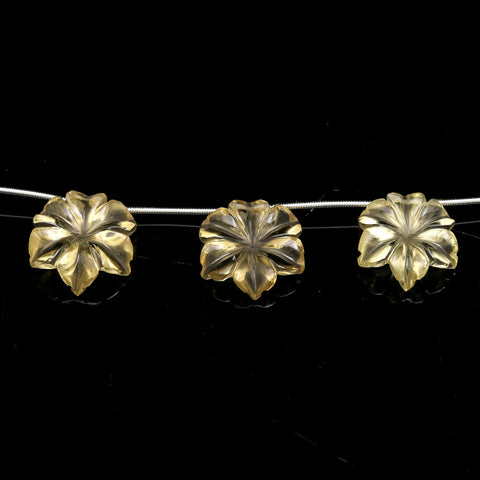 Lemon Quartz Yellow Petal Flower Carving Natural Beads 3 Piece