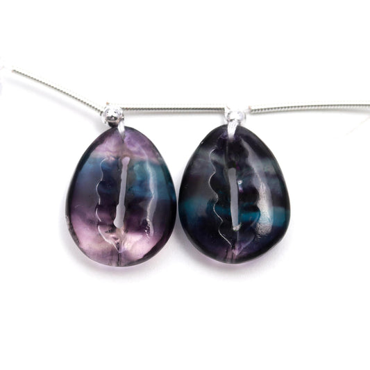 Fluorite Multicolor Cowrie Shell Carving Natural Pair Beads