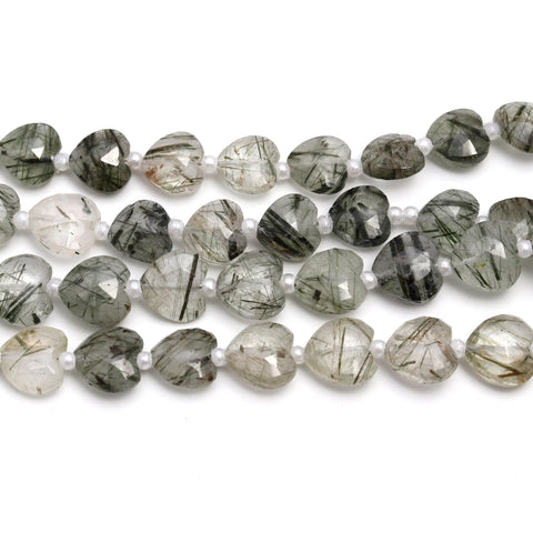 Rutilated Quartz Black Heart Faceted Natural Beads 8 Inches