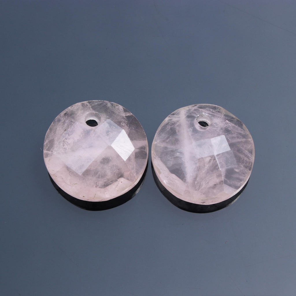 Rose Quartz Pink Coin Faceted Natural 18 MM Stone Pair of 2