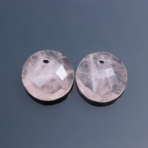 Rose Quartz Pink Coin Faceted Natural 18 MM Stone Pair of 2