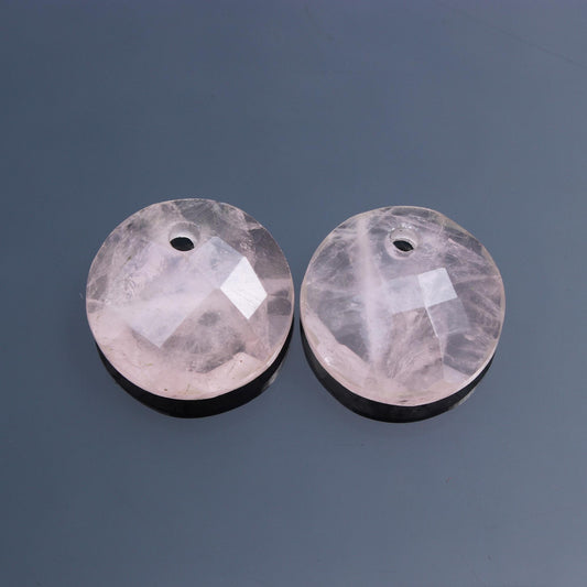 Rose Quartz Pink Coin Faceted Natural 18 MM Stone Pair of 2