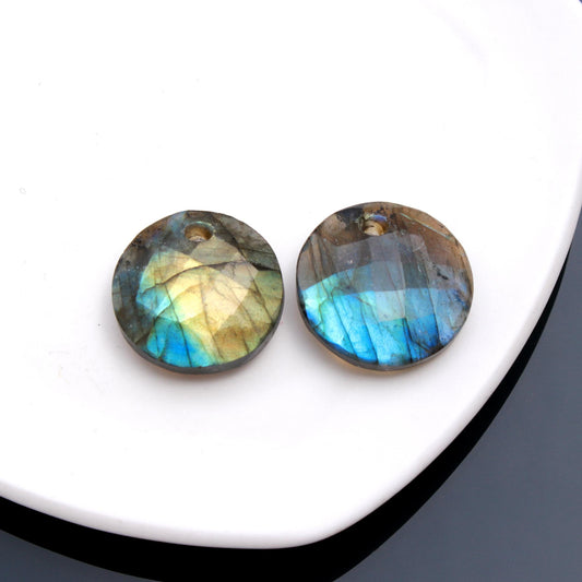 Labradorite Grey Coin Faceted Natural 18 MM Stone Pair Of 2