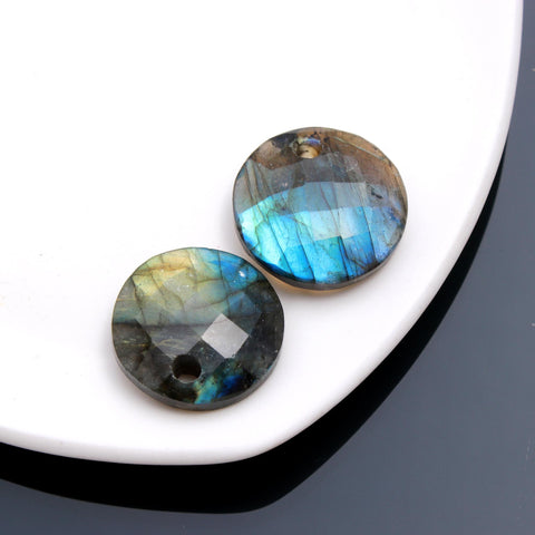 Labradorite Grey Coin Faceted Natural 18 MM Stone Pair Of 2