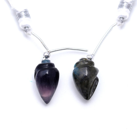 Fluorite Multicolor Conch Shell Carving Natural Pair Beads