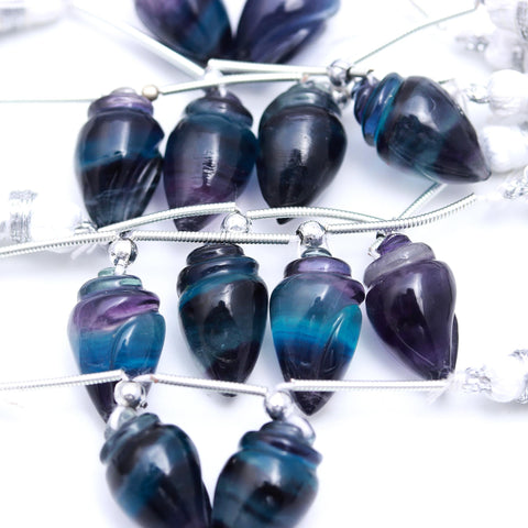 Fluorite Multicolor Conch Shell Carving Natural Pair Beads