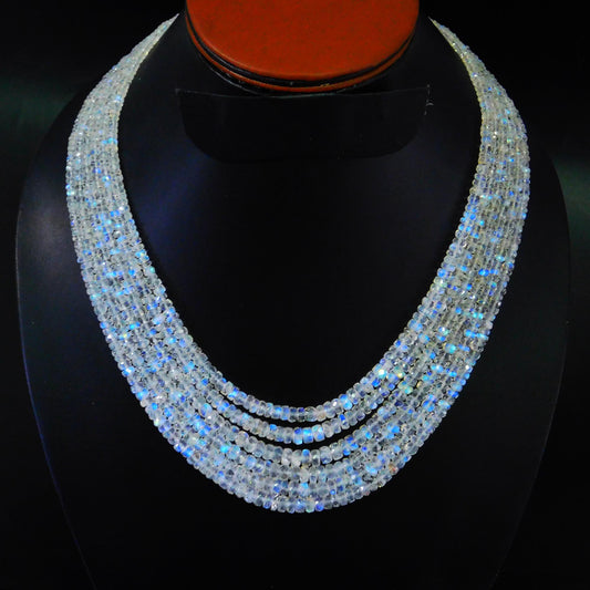 Rainbow Moonstone White Rondell Faceted Natural Beads Necklace 24 inches strands