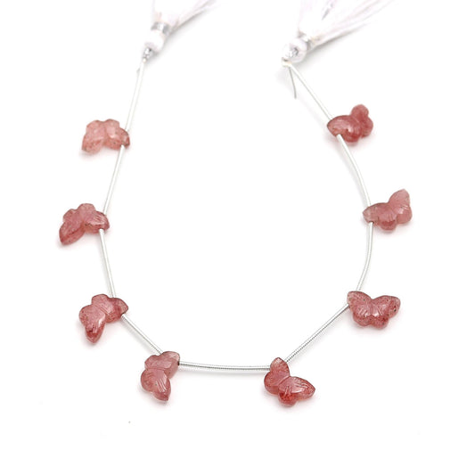 Pink Strawberry Quartz Pink Butterfly Carving Natural Beads Side Drilled 8 Piece