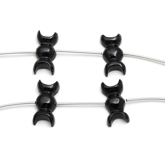 Black Onyx Triple Moon Carving Natural Beads Pair Centre Drilled
