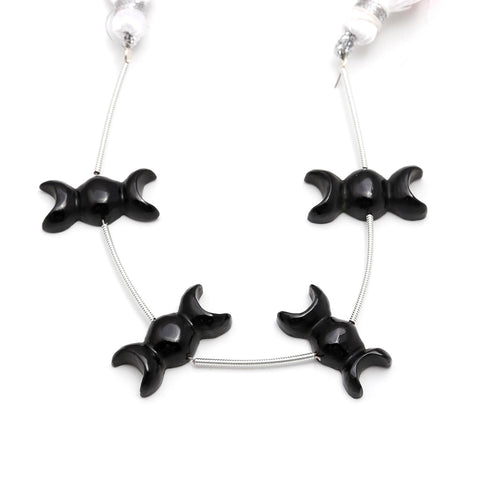 Black Onyx Triple Moon Carving Natural Beads Pair Centre Drilled