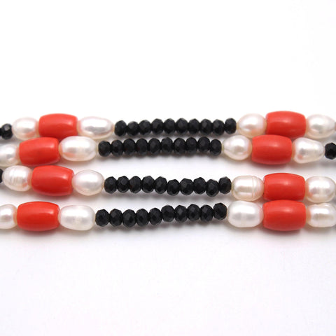 Black Spinel Coral Pearl Round Faceted Natural Beads Necklace 20 Inches
