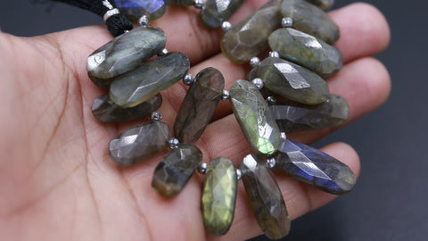Labradorite Grey Long Oval Faceted Natural Beads 8 Inches Strands