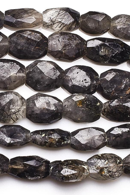 Black Rutilated Quartz Black Oval Faceted Natural Beads