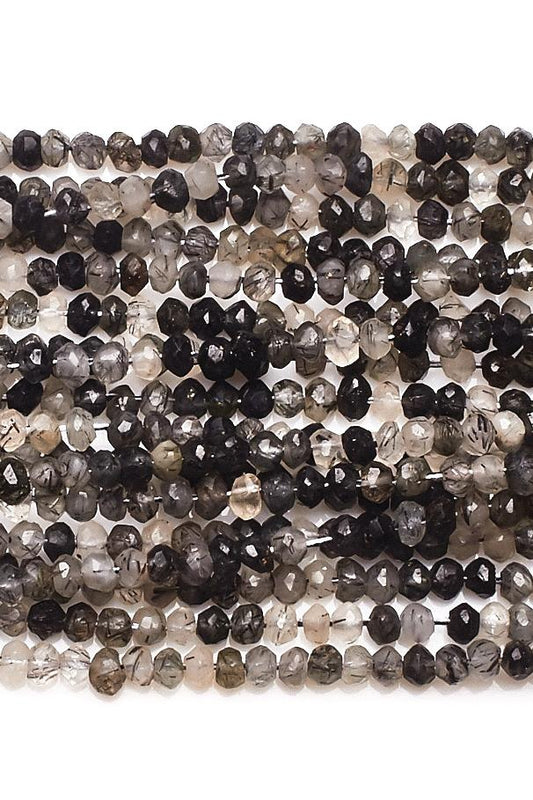 Black Rutile White / Black Rondelle Faceted Natural Beads
